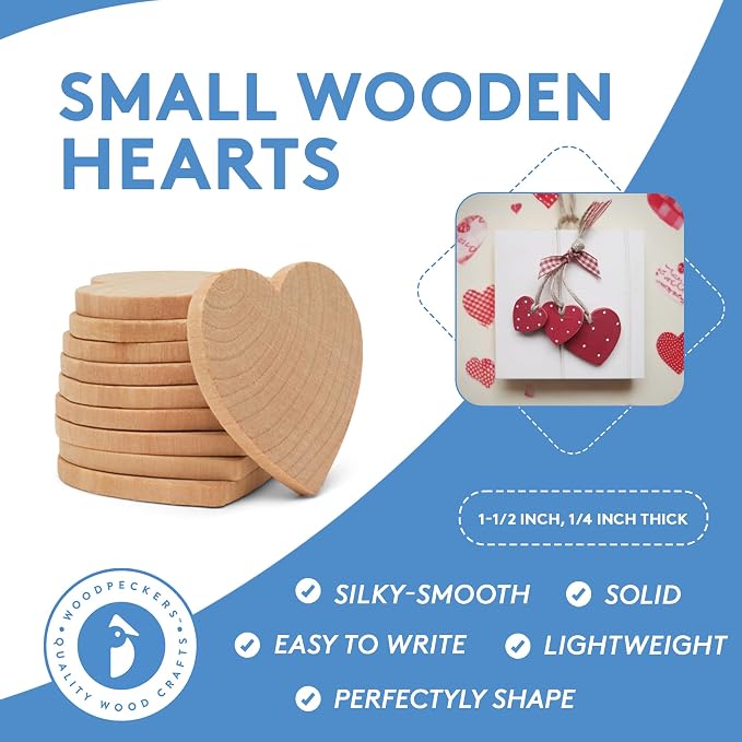 100 Small Wooden Hearts for Crafts 1-1/2 inch, 1/4 inch Thick, Hearts for Country Wedding Table Decor/Guestbooks, by Woodpeckers - Image 6