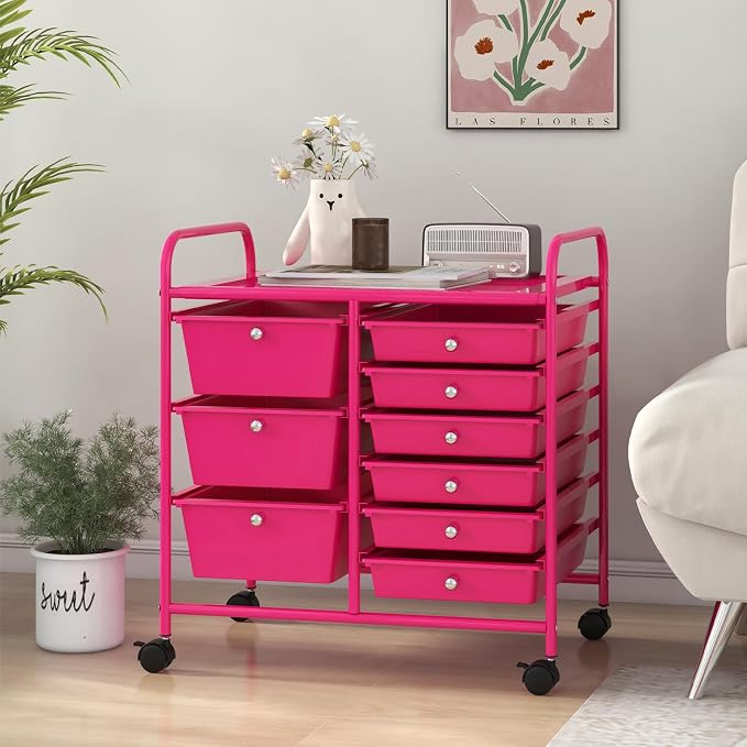 9 Drawer Rolling Storage Cart, Rolling Cart with Drawers for Classroom, Art Supply Craft Organizer on Wheel with Metal Frame & Handles for Home Office School - Image 9