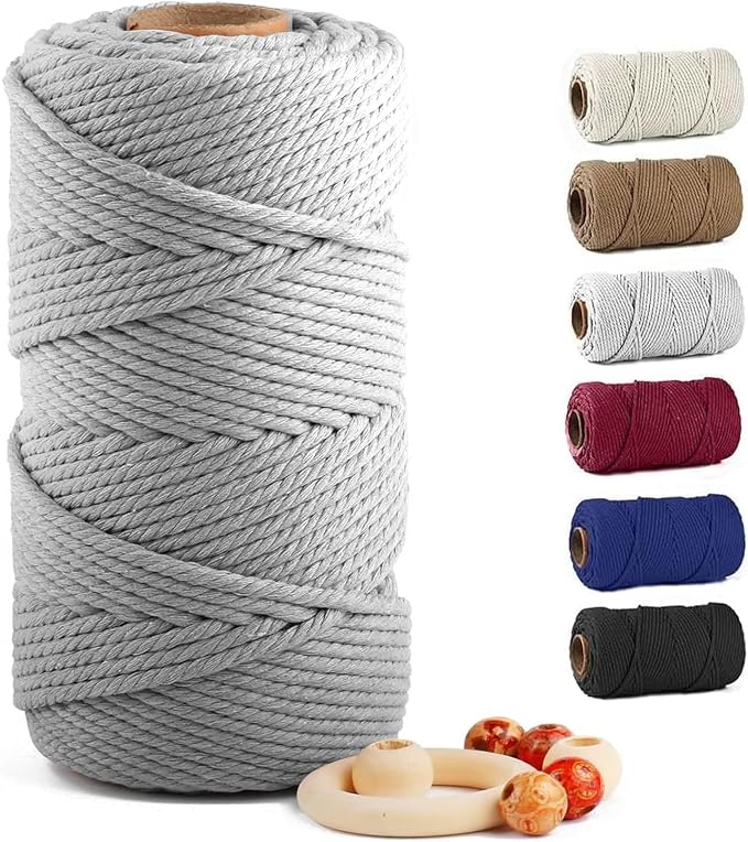 Macrame Cotton Cord 6mm x 109 Yards, ZUEXT 100% Natural Handmade Colorful 4 Strands Twisted Braided Cotton Rope for Wall Hanging Plant Hangers Gift Wrapping Tapestry DIY Crafts (100m, Light Grey) by ZUEXT