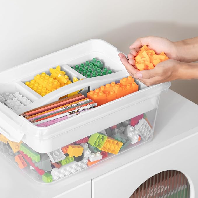 CraftGenes 20 QT Clear Craft Box Organizer with Removable Tray, 1-Pack | White latching lid, four-compartment tray, carry handle, craft storage for art supplies, modeling clay, sewing and puzzles - Image 2