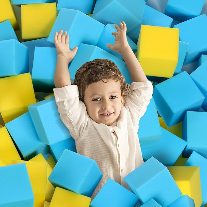 Foam Pit Cubes, 24 PCS 5 Inches Gymnastics Foam Blocks Trampoline Blocks, Multi-Sport Protective Padding for Freerunning, Trampoline, Parkour, Skate Parks & BMX - Blue & Yellow by TAYUQEE