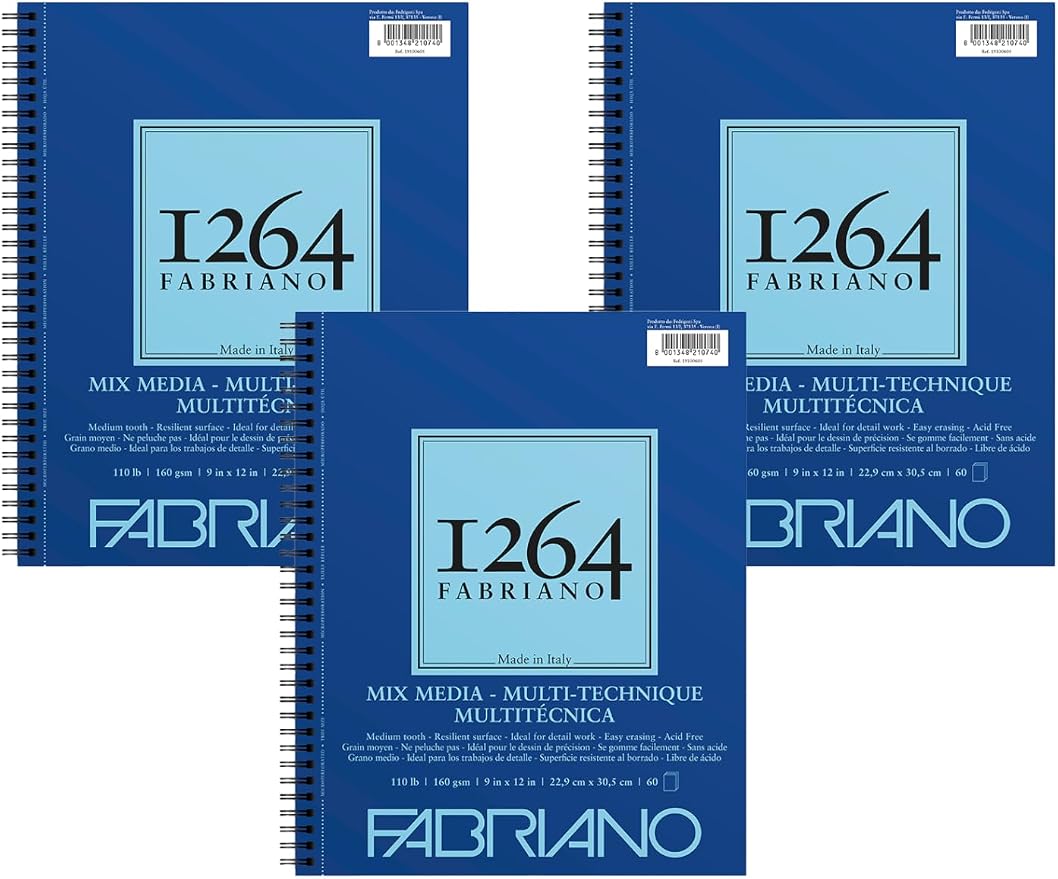 Fabriano 1264 Mixed Media Pad, 9" x 12", Spiral Bound, 110 lb., 3-Pack by Fabriano