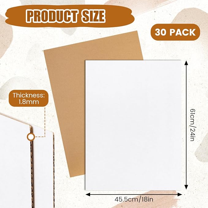 Feifeiya 30 Pack Corrugated Cardboard Sheets 24 x 18 Inch White Flat Craft Board Packaging Inserts Large Flat Square Inserts for Shipping Packing Mailing Crafts,0.07 Inch Thick - Image 2