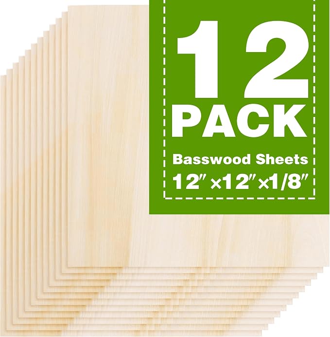 Basswood Sheets 12"x12"x1/8",3mm Basswood for Laser Cutting,Thin Plywood Board Unfinished Wood for Crafts, DIY Architectural Models Making, Wood Engraving (12inchx12inch-1/8-12Packs) by Unknown