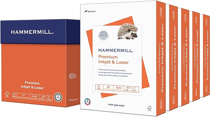 Hammermill Printer Paper, Premium Inkjet & Laser Paper 24 Lb, 8.5 x 11-5 Ream (2,500 Sheets) - 97 Bright, Made in the USA, 166140C by Hammermill