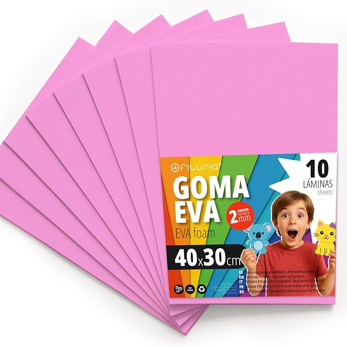 OFITURIA Foam Rubber for Crafts and School Projects, Coloured Foam Ideal for DIY, Decoration, Scrapbooking and Creative Projects, 40 x 30 cm (Pink, Pack of 10) by OFITURIA