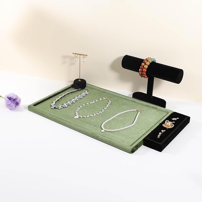 Rectangle Jewelry storage organizer plate, Velvet Jewerly display tray, Empty showcase tray for Necklace Bracelet Ring Earring【Light Green-Large, 17.7 x 11.8 in 】 - Image 4