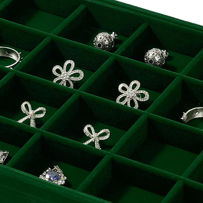 24-Grid Velvet Jewelry Tray for Ring & Earring Storage Green | 24 Compartments, Large Capacity, For Home & Commercial Use, Stackable - Image 3