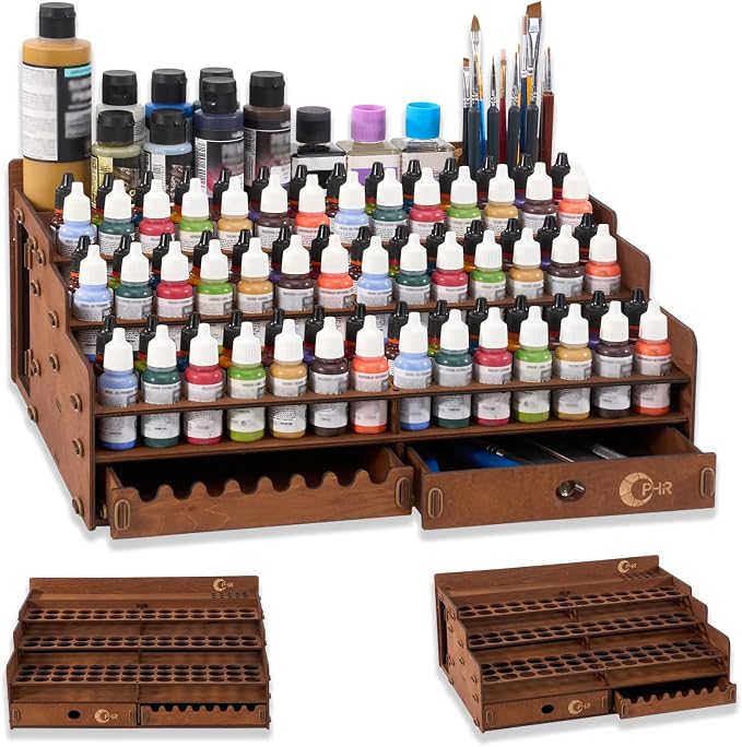 Wooden Paint Organizer 98 Holes Rack for Miniature Paints & Brushes | Fits 17/18ml Miniature Paint Set with 1.02" Dia Holes for Popular Hobby Paint Storage, 1 Drawer, 25 Brush Holes & 24 Slots by OPHIR