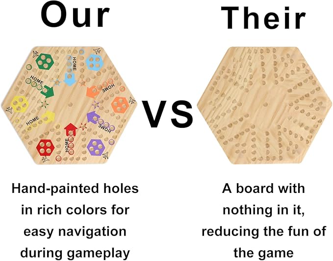 Large Size Original Marble Game Solid Wood 20 inch Wahoo Board Game Double Sided Painted Wooden Fast Track for 6 and 4 Players 6 Colors 24 Marbles 6 Dice for Family Friend