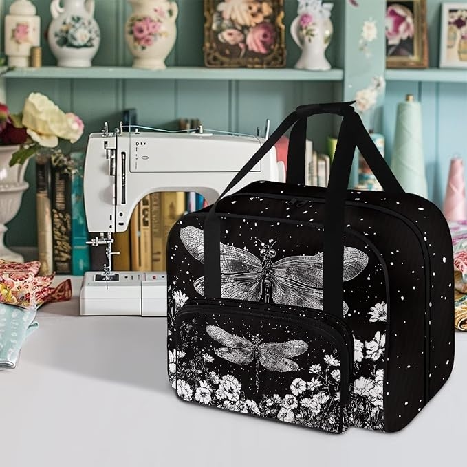 Txnsiver Sewing Machine Bag Universal Sewing Machine Dust Storage Case Large Capacity Travel Tote Bag Portable Versatile Travel Tote Bag with Handle and Soft Cushion, Dragonfly Flower - Image 2