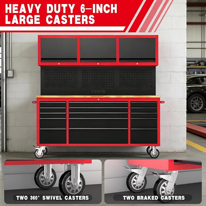 72" Rolling Tool Chest with 15 Drawers, 1.2" Thick Solid Wood Top | Power Outlet & Pegboard, Lockable,18" Deep 1.2" Thick Solid Wood Top - Image 7