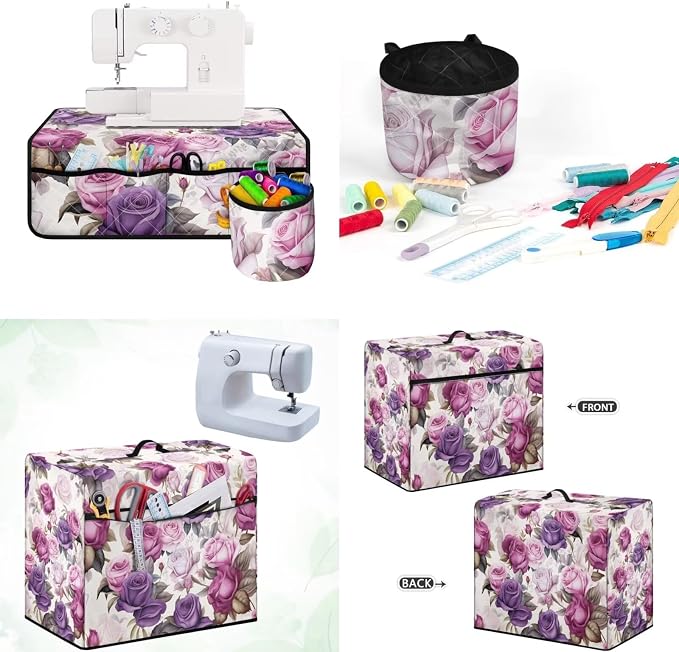 Purple Rose Sewing Machine Mat & Dust Cover, Set of 2 Muffling Dust Resistant Sew Machine Mat with Pockets for Sewing Accessories Home Decoration Machine Washable - Image 2