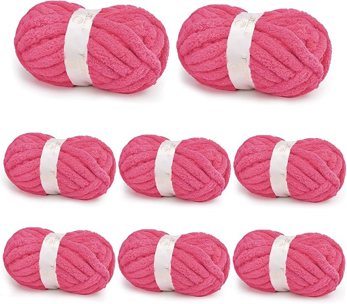 Chunky Yarn for Hand Knitting, Chunky Chenille Blanket Yarn for Crocheting, Bulky Soft Fluffy Chenille for Blanket Project, 8 Pack of 8oz/25yds, Hot Pink by BATELO