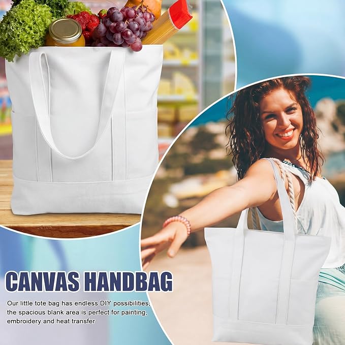 Eccliy 12 Pcs Mini Canvas Tote Bags 16" x 14" x 4" Small Tote Shopping Bag Bulk with Pocket Handle Blank Heavy Duty Reusable Canvas(White) - Image 7