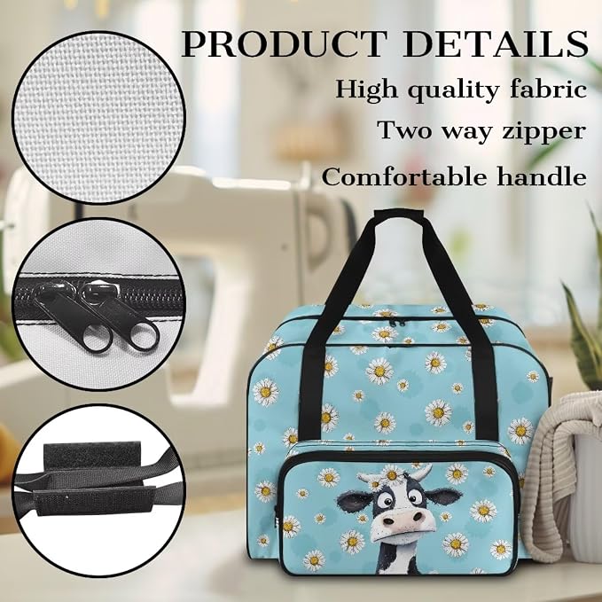 Sewing Machine Dust Case Large Capacity Appliance Storage Case Universal Portable Travel Tote Bag Versatile Sewing Machine Organizer Bag, Cow Daisy Blue - Image 5