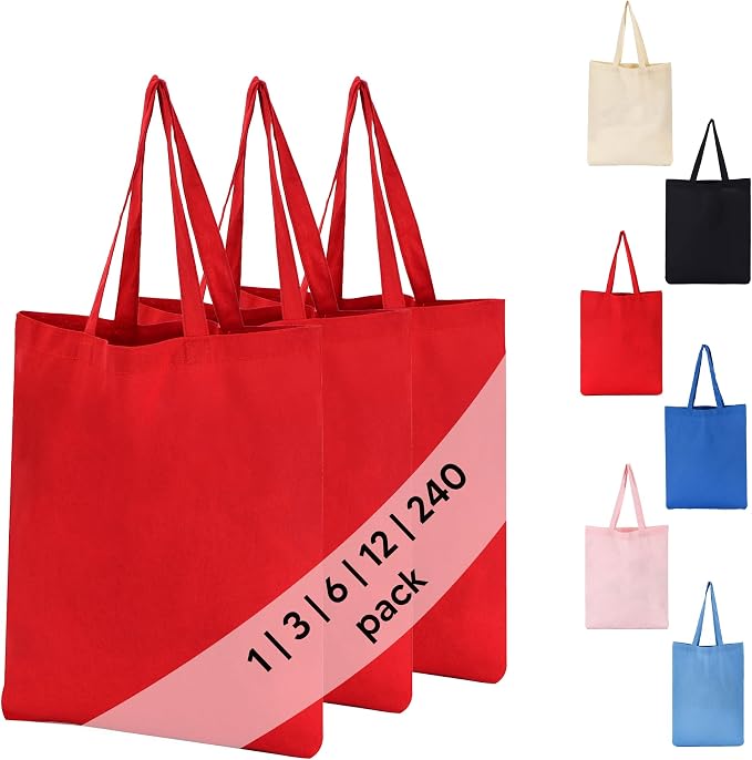 1 | 3 | 6 | 12 | 240 Pack 100% Cotton Tote Bags Bulk – Lightweight Promotional Totes for Events, Gifts, Craft by ToteBagExpress