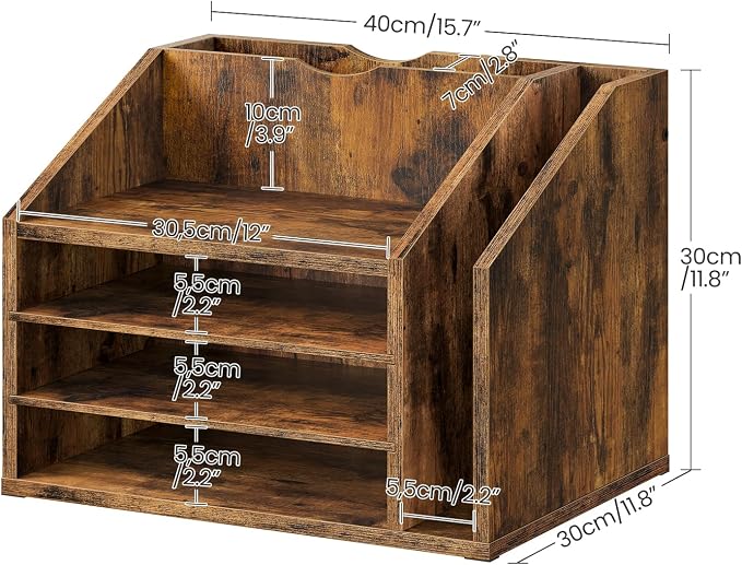 Wooden Desk Organizer with Adjustable Partitions, Multi-Layer Desktop File Holder for Home Office, Paper & Stationery Storage Organizer, Rustic Brown MWJ04FG - Image 6