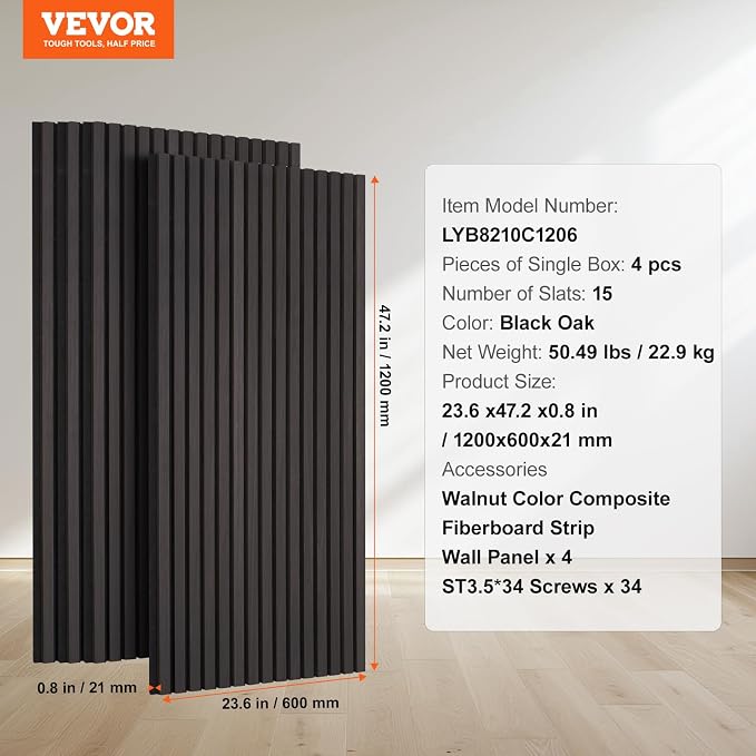 VEVOR Wood Slat Acoustic Panels, 23.6 x 47.2 inch, 4 Pcs MDF Accent Wooden Wall Panels for Modern Interior Wall Decor, Faux Wood Wall Board Panels for Noise Reduction, Black Oak - Image 7