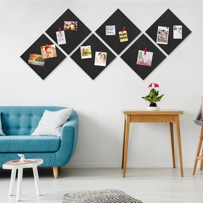 AKTOP Cork Board Bulletin Board 12x12, 1/2" Thick Felt Cork Board Tiles 6 Pack, Small Square Pin Board for Wall, Self Adhesive Corkboards with 60 Push Pin Wood Clips for School, Home & Office, Black - Image 2