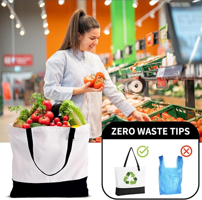 24-Pack Canvas Tote Bags with Zipper, Large Reusable Grocery Tote Bluk | Blank bags, washable, inner pocket, flat bottom, sturdy handle, for sublimation DIY/transfer, travel/beach/Christmas crafts - Image 7