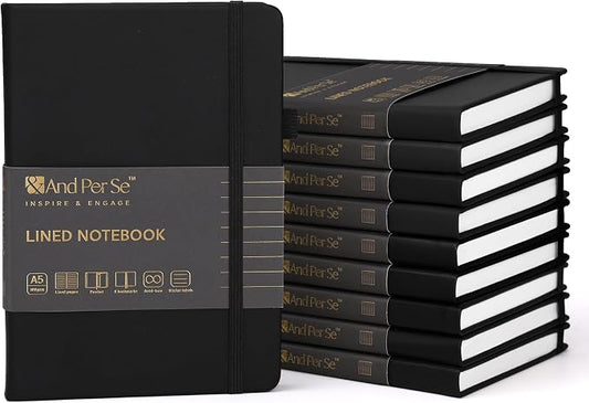 &And Per Se 10-Pack Lined Notebooks, A5 Hardcover, 160 Pages 100gsm Thick Paper, Office Supply Bulk Order, Corporate New Hire Kits, Breakroom Essentials – College Ruled, 10 Units (Black) by AndPerSe