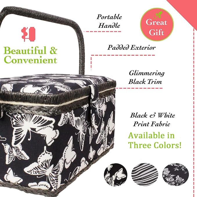 Sewing Basket with Floral Print Design - Sewing Kit Storage Box with Removable Tray, Built-in Pin Cushion and Interior Pocket - by Adolfo Design (Large - 12" x 9" x 6", Butterfly Design) - Image 3