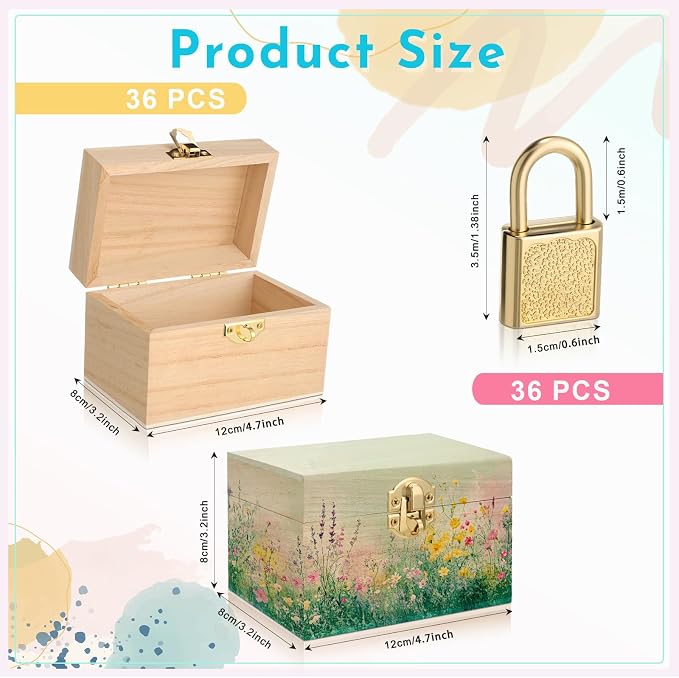 CroBlissful 36 Set 72 Pcs Unfinished Wooden Box with Hinged Lids and Mini Padlock Locks with Keys Unfinished Wood Treasure Chest Box for Craft Gift Jewelry Desktop Storage (Classic) - Image 2
