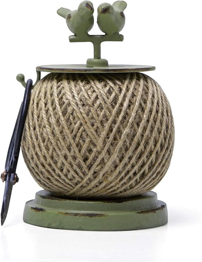 SOFFEE DESIGN Vintage Jute Twine Spool with Scissors Holder Set for Garden Farmhouse Kitchen Antique Twine and Scissors Set Green Birds by SOFFEEDESIGN