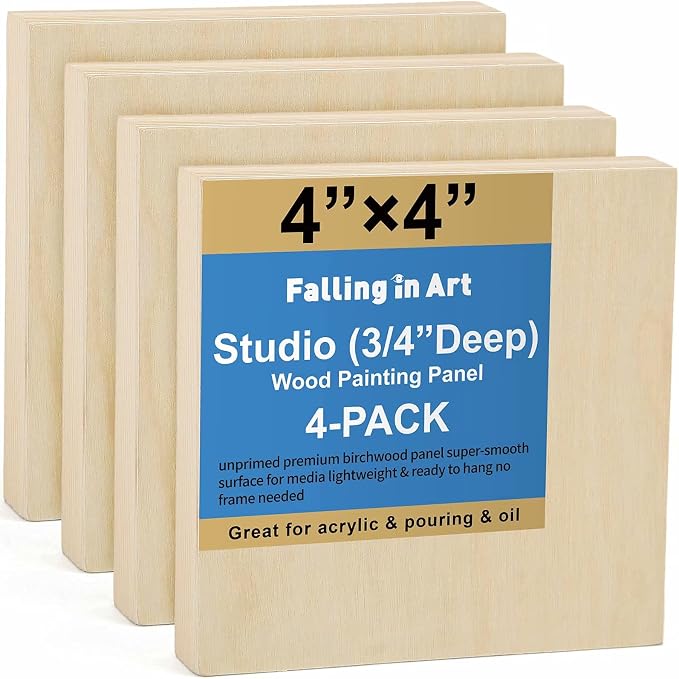 4 Pack 4x4’’ Unfinished Birch Wood Panels Kit for Painting | Studio 3/4’’ Deep Wooden Canvas, Cradle Boards for Acrylic Pouring, Art, Crafts, Epoxy Resin, Laser Engraving Cutting by FallinginArt