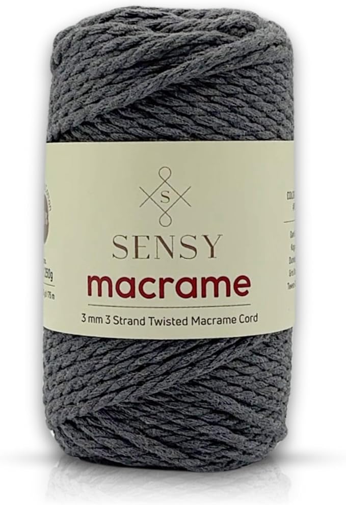 S Sensy 3mm Twisted-Gauge #6 Recycled Cotton Macrame Cord Dark Gray 82yds by SSENSY