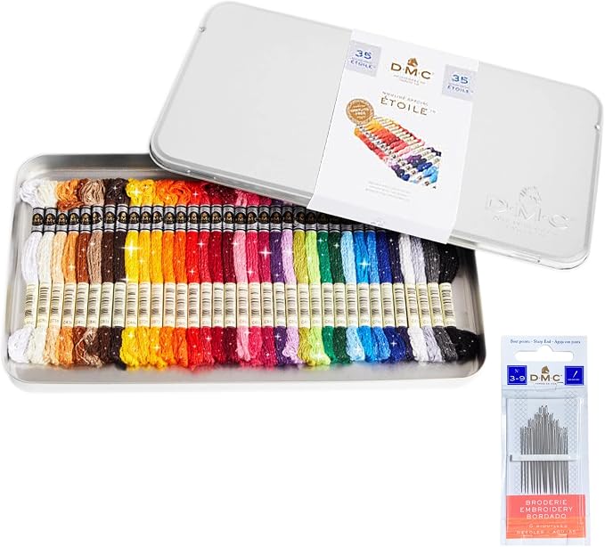 DMC Embroidery Floss, Mouline Etoile Tin Bundle with Hand Needles Size 3/9. | Set of 35 Sparkly Metallic Cross Stitch Thread Kit, Cotton Threads, Metallic String / Yarn 8.7 Yard by CharmingMelodie