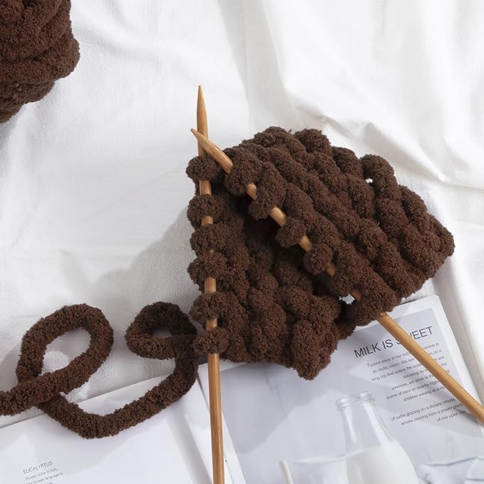 HOMBYS Dark Coffee Chunky Chenille Yarn for Crocheting, Bulky Thick Fluffy Yarn for Knitting,Super Bulky Chunky Yarn for Hand Knitting Blanket, Soft Plush Yarn, 8 Jumbo Pack (27 yds,8 oz Each Skein) - Image 7
