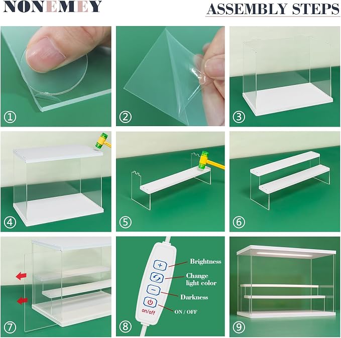 NONEMEY Acrylic Display Case with Light, Upgraded 3 Color Light & Adjustable Brightness Showcase ,4 Tier Dustproof Clear Toy Organizer Box for Action Figures, Collectibles, 12.4x9.6x10.4 in - Image 5