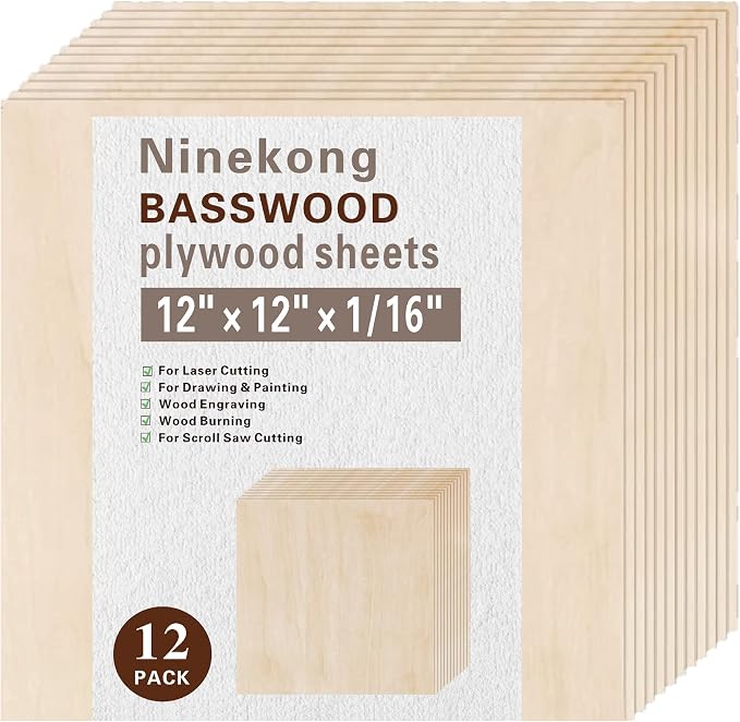 12 Pack Basswood Sheets 1/16 inch,12"x12"x1/16 Plywood Sheets,1.5mm Basswood for Laser Cutting,Laser Engraving Blanks,Thin Natural Unfinished Wood for Crafts,Wood Burning,Scroll Saw Cutting by Unknown