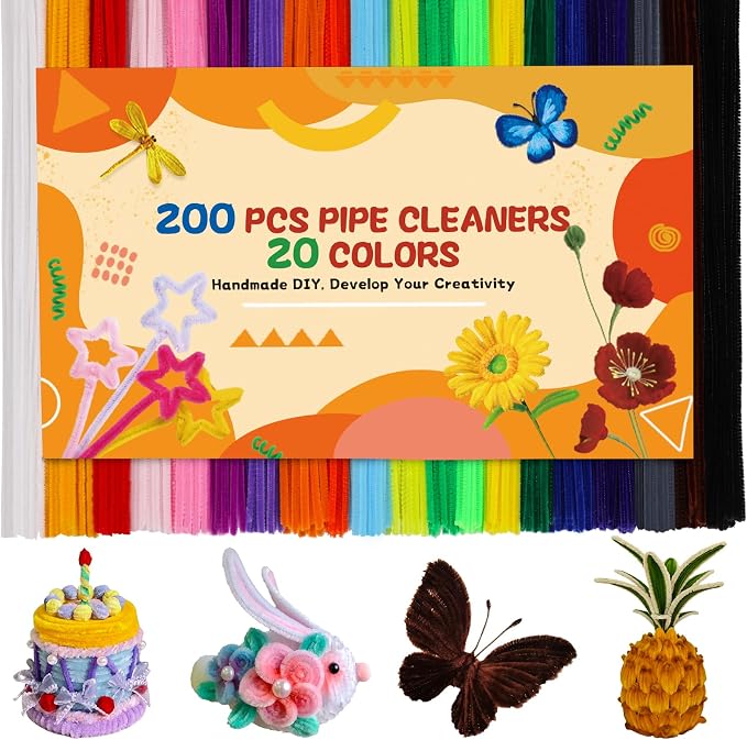 200 Pcs Pipe Cleaners, 20 Colors Pipe Cleaner Craft Chenille Stems | Black Pipe Cleaners Bulk Chenille Stems Craft Supplies for DIY Cleaning Home Decorations by Zlulary