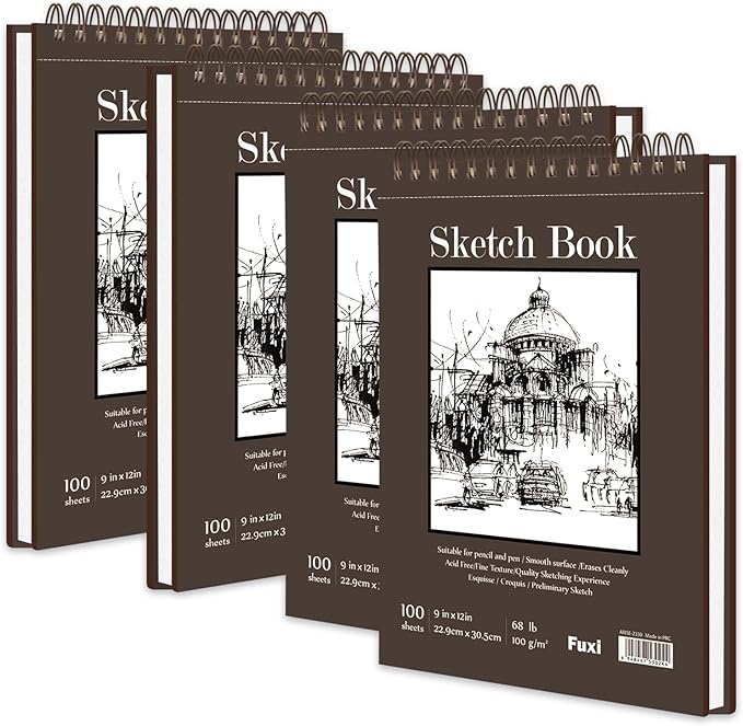 9 x 12 inches Sketch Book, Top Spiral Bound Sketch Pad, 4 Pack 100 Sheets Each (68lb/100gsm), Acid Free Art Sketchbook Artistic Drawing Painting Writing Paper for Kids Adults Beginners Artists by SketchBook