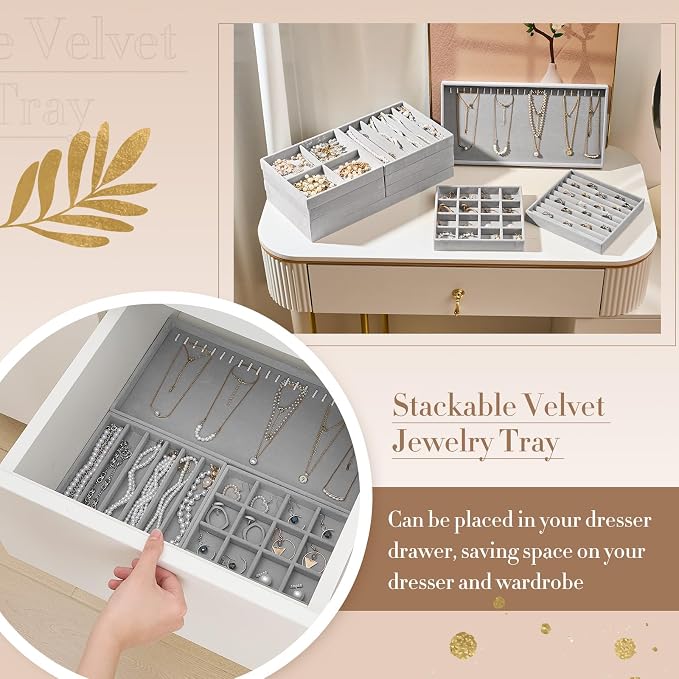 Cinnvoice Set of 5 Stackable Jewelry Organizer Trays for Drawer 14 Inch Velvet Jewelry Drawer Insert Display Storage with Removable Divider for Necklace Earring Ring Watch Bracelet (Gray) - Image 3