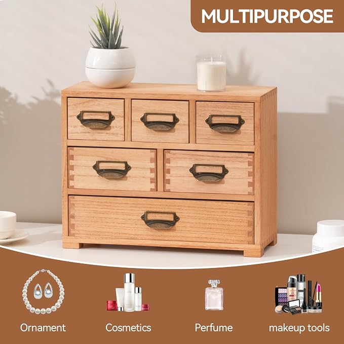 KIRIGEN Wooden Desk Organizer with 6 Drawers, Label Holders, Natural 3D6CG | Fully Assembled Solid Wood Cabinet Stores Office Supplies, Crafts, Makeup, and Small Accessories on Desks or Counters - Image 7