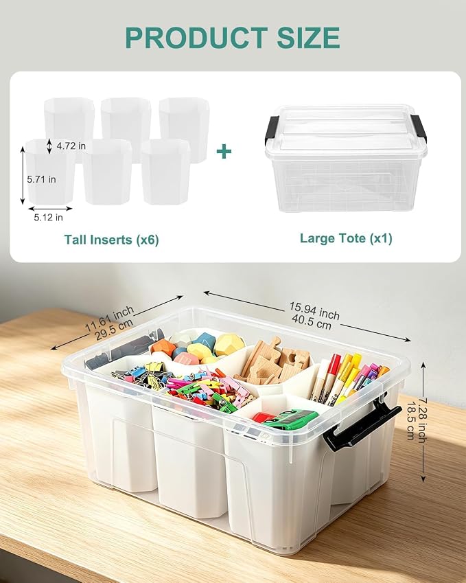 NUMIFUN 17QT Clear Storage Bins with Lids & Dividers for Crafts | Stackable 17-quart transparent box featuring 6 tall removable inserts. Perfect for organizing crafts, tools, toys & crayons - Image 2
