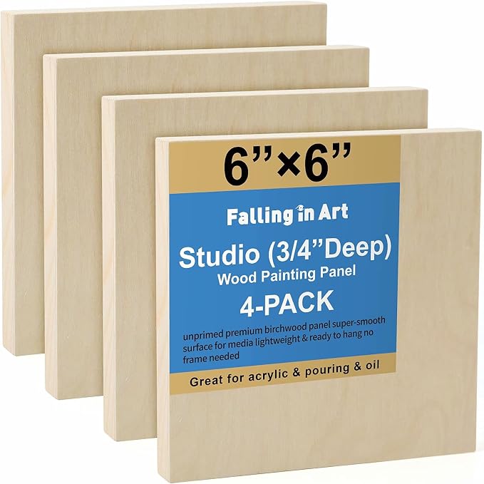 4 Pack 6x6’’ Unfinished Birch Wood Panels Kit for Painting | Studio 3/4’’ Deep Wooden Canvas, Cradle Boards for Acrylic Pouring, Art, Crafts, Epoxy Resin, Laser Engraving Cutting by FallinginArt