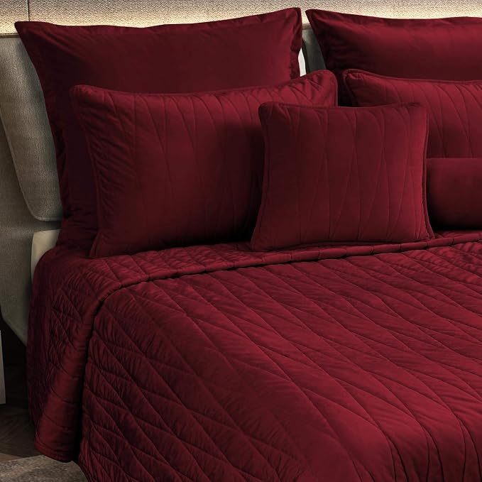 Velvet Quilt Maxi Set, Seven Pieces Ensemble, Jewel Premium Heavy Velvet Collection, Cotton Backing, Cotton Batting, Full/Queen, Burgundy - Image 9