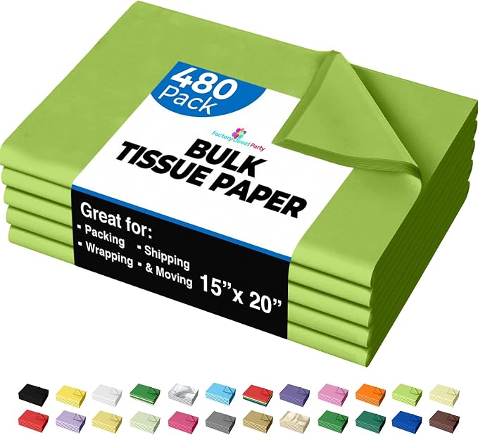 Party Solids Lime Green Tissue Paper for Gift Bags - 15" X 20" Bulk Tissue Paper Lime Green 480 Sheets - 10lb Newsprint for Packing, Birthday Gift Box Filler, Packing Supplies for Moving Supplies by Crown+Display