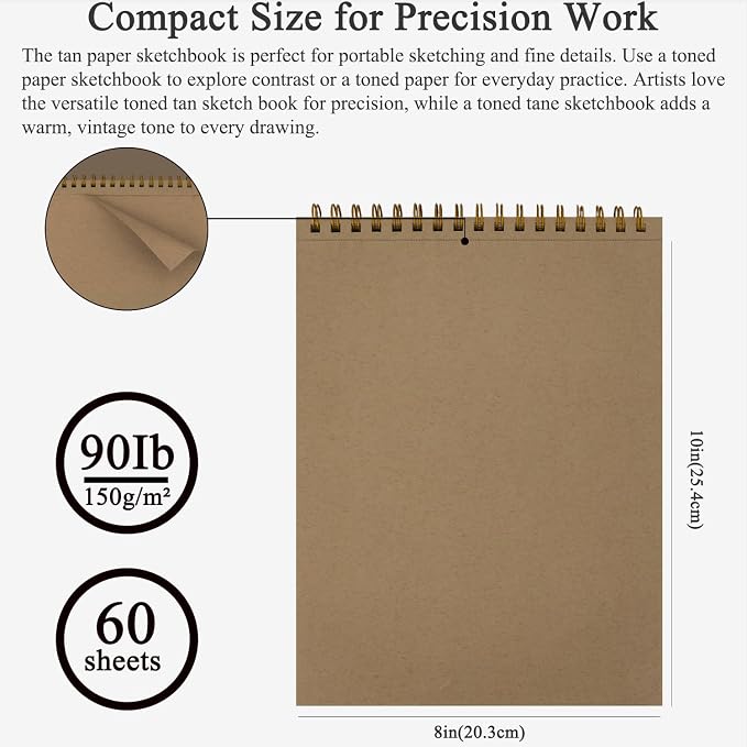 Fuxi Toned Sketchbook 8x10, 60 Sheets Spiral Bound Artist Sketch Pad - Perfect Art Gift for Artists, Students & Professionals. - Image 2