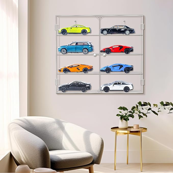 JUESHA Acrylic Display Case for 1/24 Scale Diecast Storage | 4 Levels 8 Slots Toy Cars Showcase Wall Mount Or Desktop, Clear Display Organizer for Nascar Diecast Model Car Tabletop - Image 2