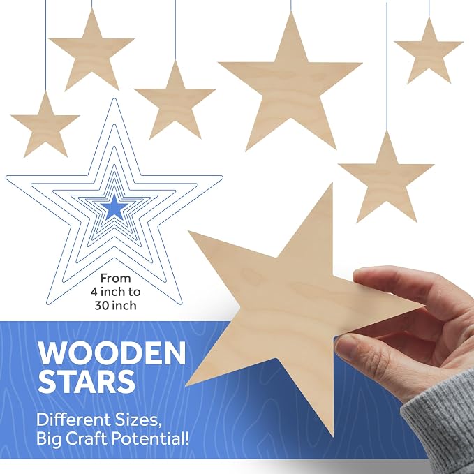 Wooden Star Shapes, 6 Inch Large Patriotic Natural Wood Cutouts, Bag of 10, Unfinished DIY Craft Wall Decor by Woodpeckers - Image 3