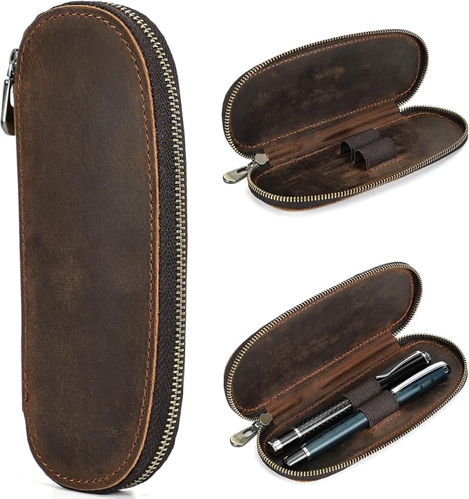 Top Grain Genuine Leather 2 Pen/Pencil Case Bag Organizer, Minimalist Vintage Design, Handmade, Zipper Closure with Stretch Strap, Gift Choice for Man/Woman/Office, Matte Coffee, 2 Slots by CataPurusLeatherCrafts