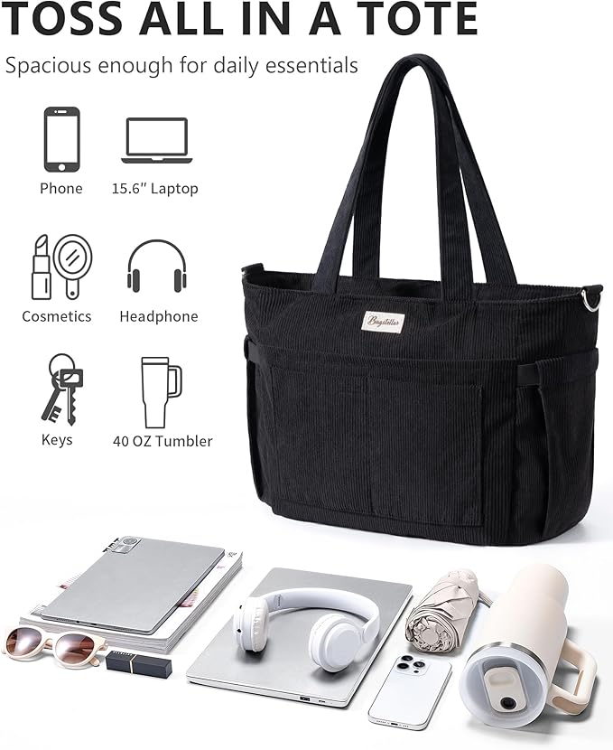 Bagstellar Corduroy Tote Bag for Women, 17 Pockets Laptop Work Tote Purse | Large 15.6” Computer Bag w/ 40oz Cup Holder & Strap, Zipper Teacher Nurse Bible Shoulder Bag for School Travel College Office - Image 5