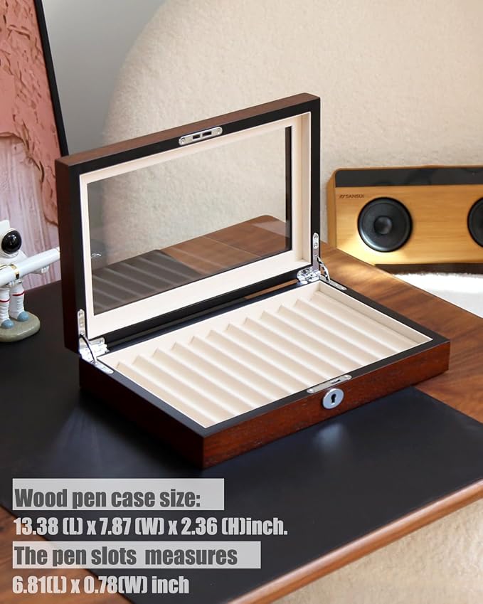 12-Slot Fountain Pen Collector Case – Lockable Wooden Organizer with Glass Display Top, Premium Storage Box for Writing Instruments and Gift for Men - Image 3