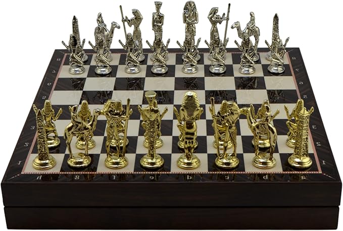 Metal Chess Set for Adults Egypt Pharaoh Figures,Handmade Pieces and Different Design Wooden Chess Board with Storage (Walnut)